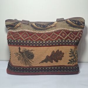 Vintage Canoe & Forest Tapestry Tote Bag Pinecone Woven Leather Shoulder Bag